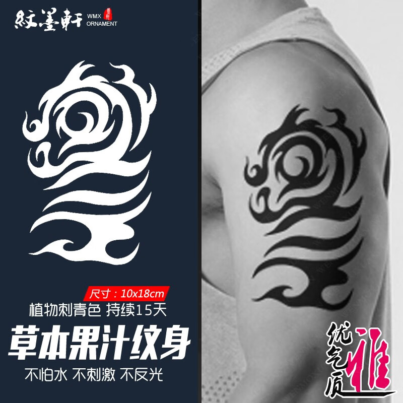 纹墨轩黑色玄鸟图腾果汁防水纹身贴男士手臂腿不反光逼真半永久草本