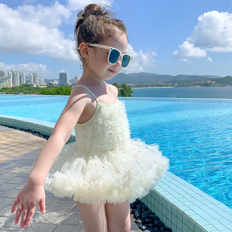 魔肯夏款泳衣新款连体泳衣公主泳装吊带蓬蓬女童度假游泳衣 白色 90cm