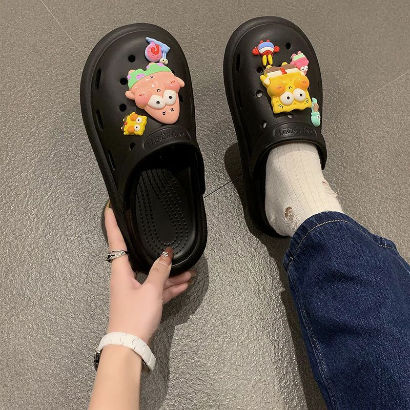 洞洞鞋女夏季外穿时尚奶呼呼舒适厚底两穿懒人凉拖鞋 海绵宝宝黑色 36.37