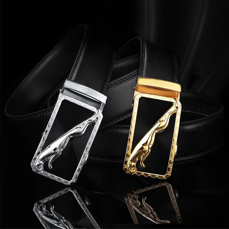 POACY男士皮带 豹子真牛皮腰带男 时尚商务情人节 情人节裤带男款 百搭 P803银色扣 120cm 【35-37裤码】