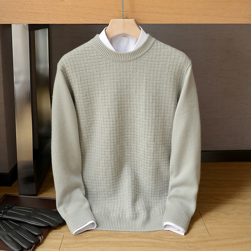爵2022秋冬新款圆领加厚羊绒衫男商务休闲绞花山羊绒毛衣百搭 浅青灰