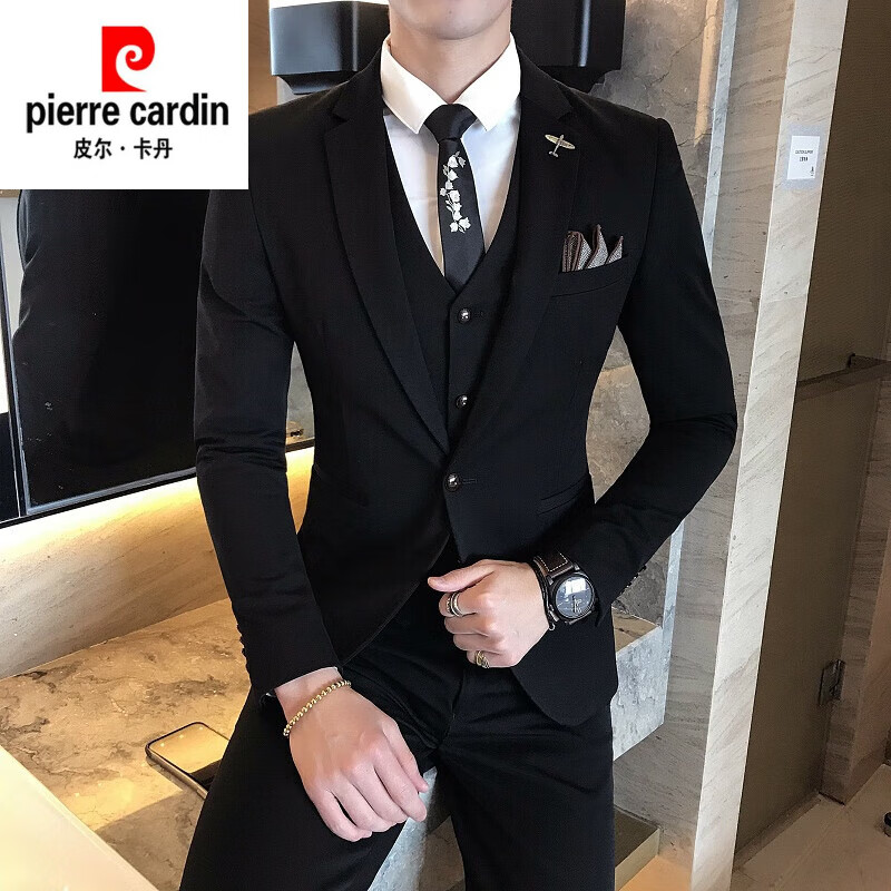 皮爾卡丹（pierre cardin）西服套裝男士職業(yè)伴郎韓版新郎結(jié)婚禮服正裝商務(wù)修身休閑西裝男 黑色(三件套) 【外套+馬甲+西褲+ 襯衫+禮 3XL 56 【體重145-160斤】