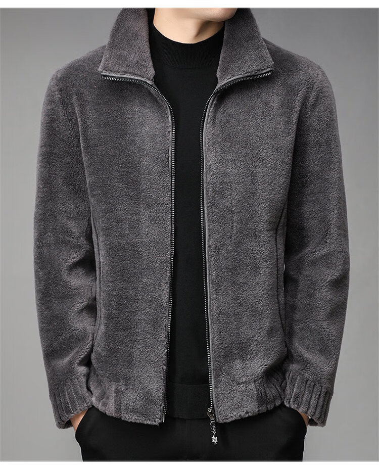 恒源祥品牌高端男装 冬季羊剪绒大衣男短款翻领皮毛一体羊羔绒颗粒