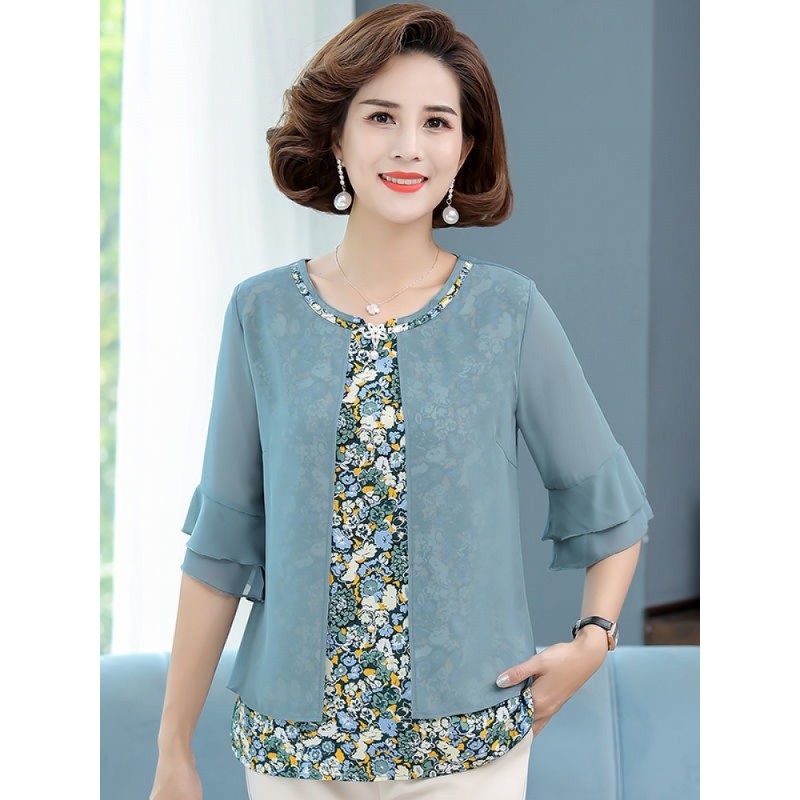 高档轻奢品牌妈妈装夏装夏季新款中老年人女短袖雪纺衫套装50岁中年上