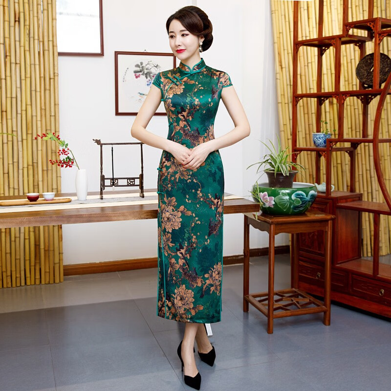 應(yīng)否旗袍裙2024新款女夏季長款短袖中國風(fēng)禮服高檔日常改良旗袍連衣裙 0079綠色 M