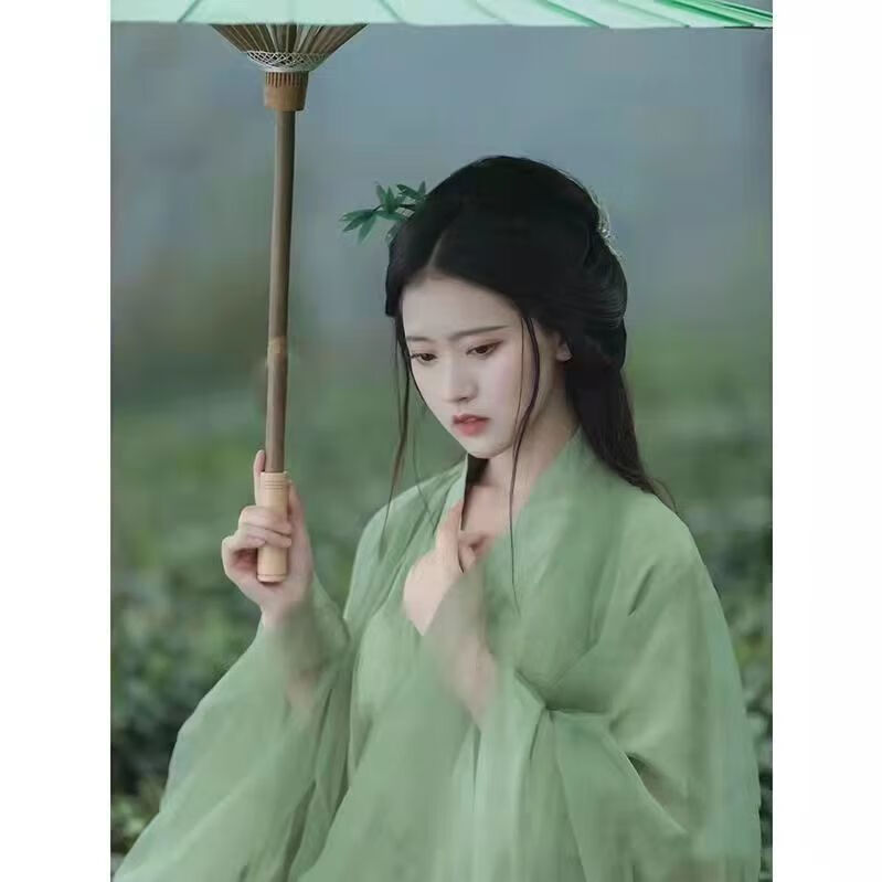 歆栩超仙魏晋风汉服女采茶记古风飘逸绿色直裾大袖衫素色淡雅古装