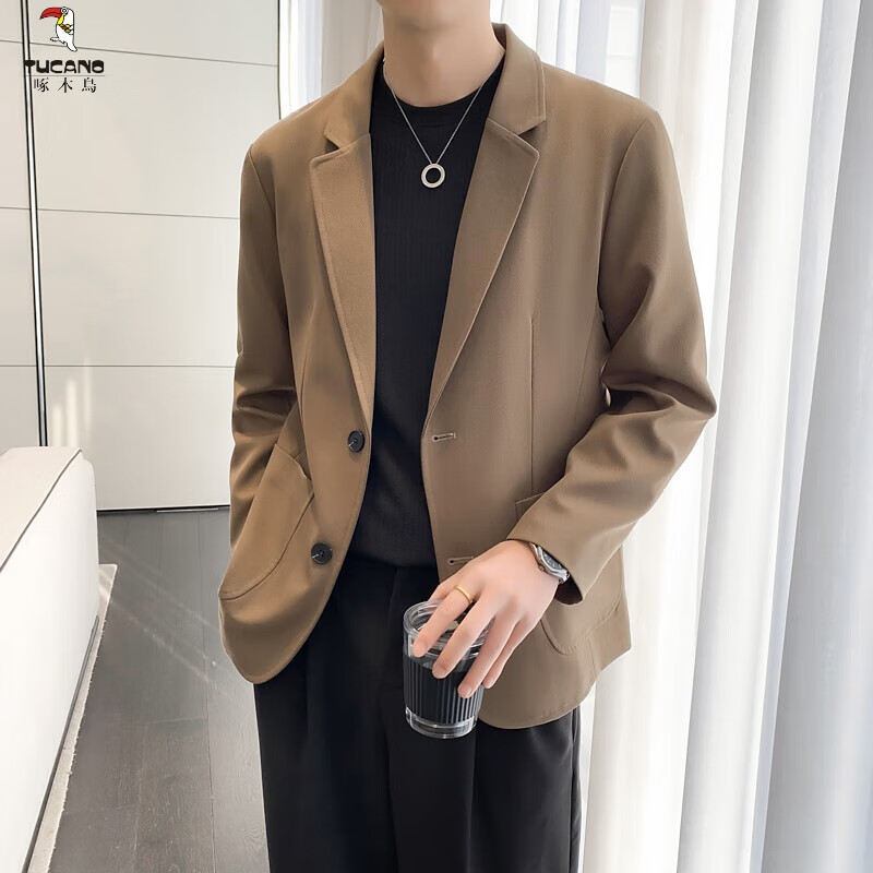 深咖色休闲西装外套男春秋款感痞帅轻熟风西服两粒单排扣单西 深咖色