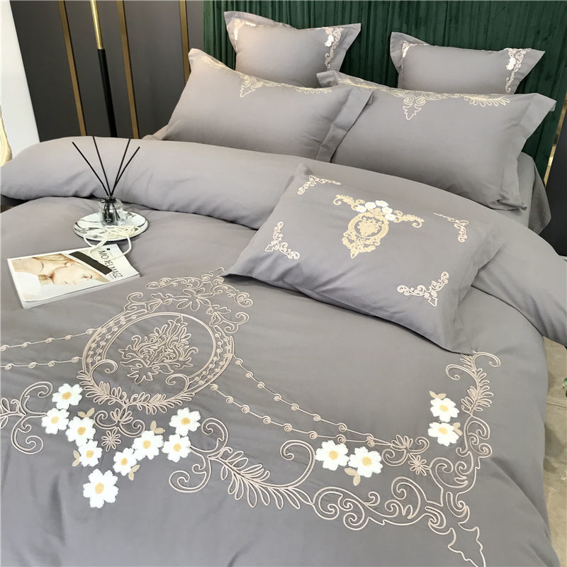 冬天60支纯棉磨毛四件套绣花被套2m冬季床单加厚保暖全棉床上用品 小