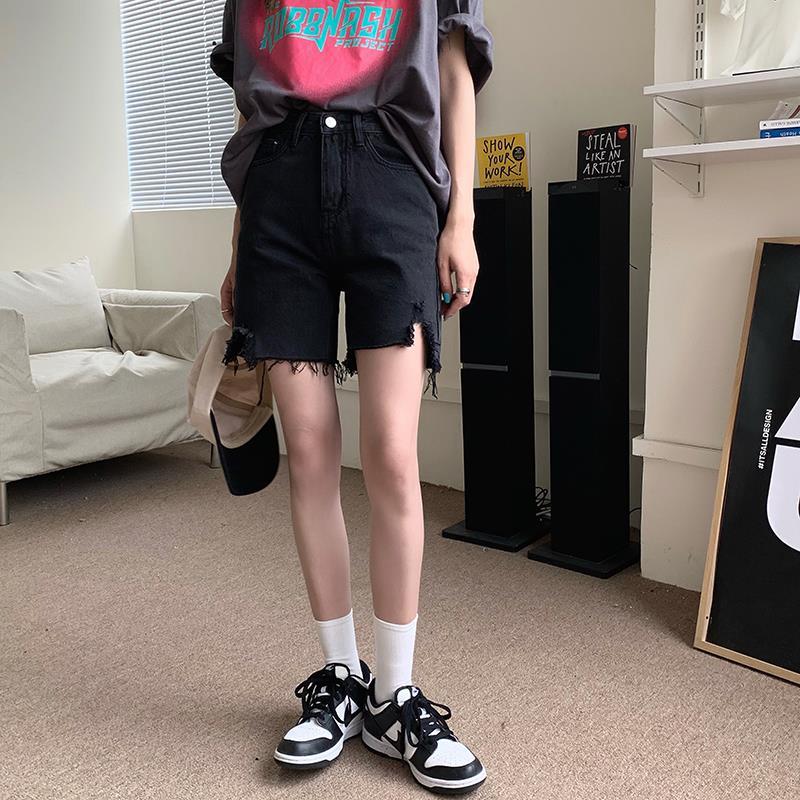 磨破黑色五分牛仔短裤女夏宽松韩版高腰显瘦外穿高街中裤 黑色【高