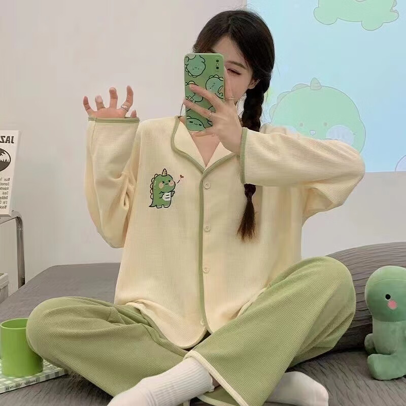 禾回睡衣女春秋夏薄款高质量棉长袖甜美舒服可爱小恐龙家居服两件套套 KA-9904%23清新小恐龙 M 70-100斤