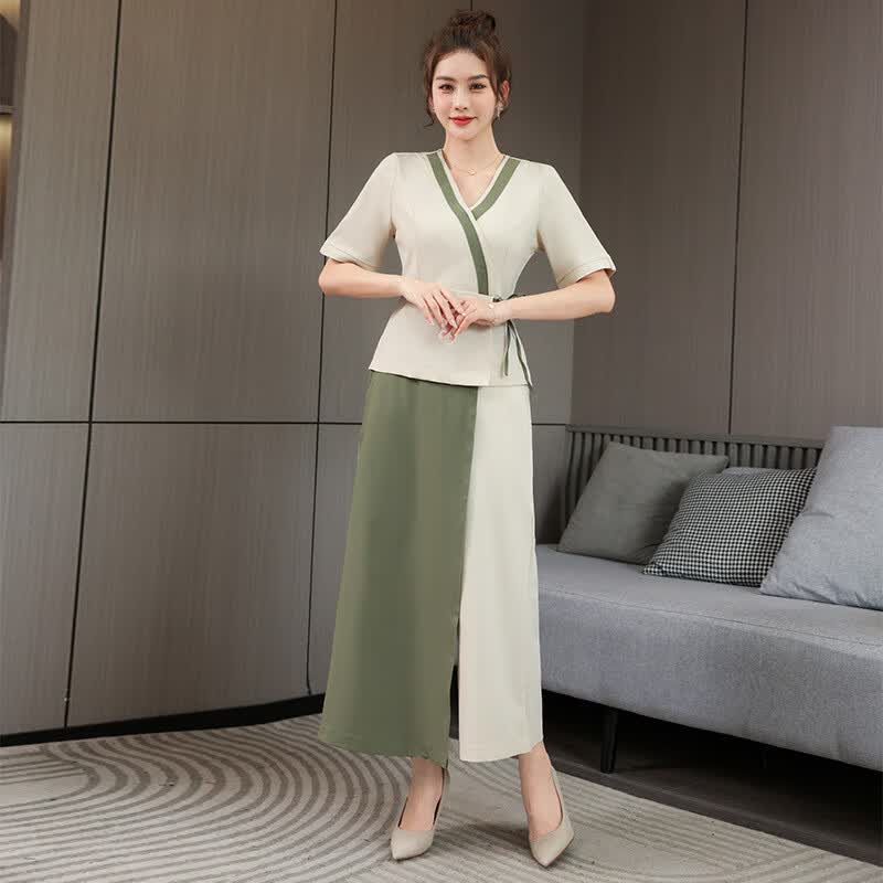 范哲莎泰式美容养生工作服五分袖时尚优雅足浴桑拿按摩技师工衣 米