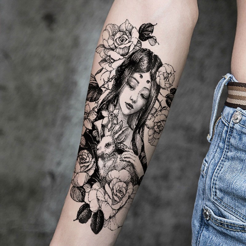 哦嘻啦美女花臂防水纹身贴男士款嫦娥玉兔玫瑰花藤大图花腿仿真纹身