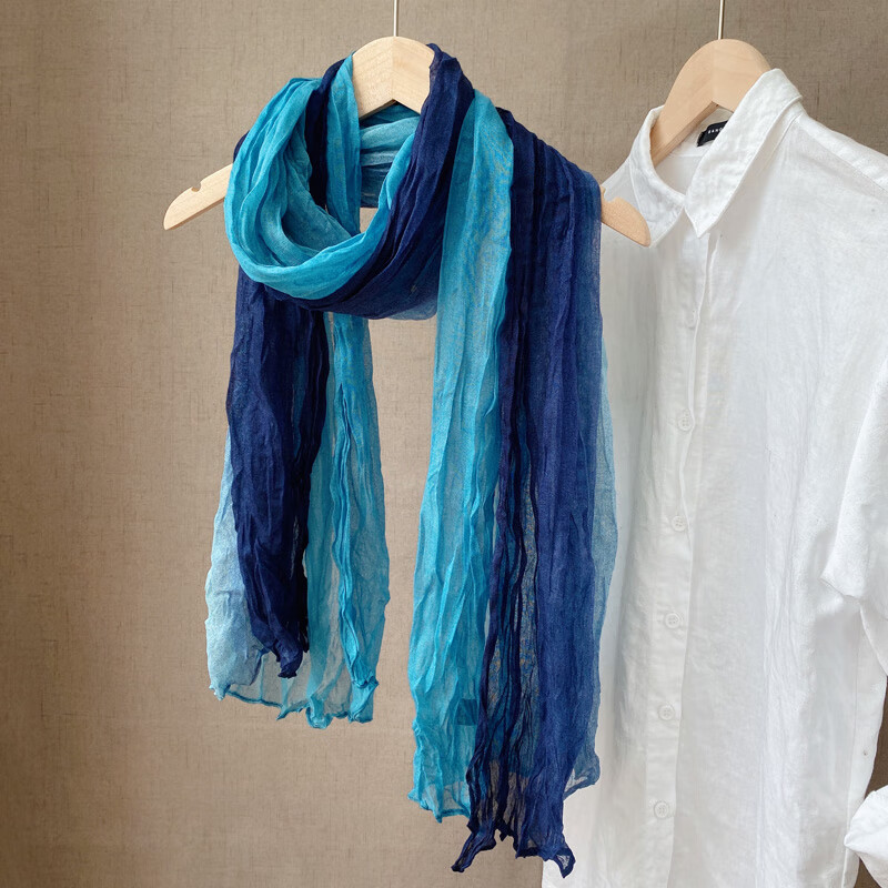 xierwei棉麻围巾女复古扎染亚麻撞色拼色渐变披肩文艺乱皱轻薄纯棉
