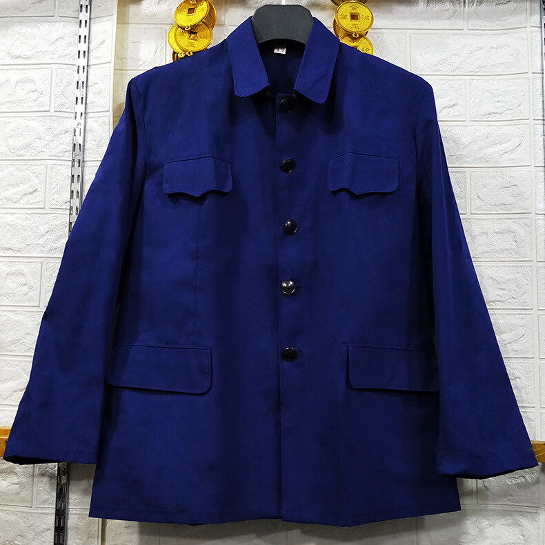 bkqu单层春秋中老年中山装男的确良上衣军便衣中国风爸爸装蓝色演出服