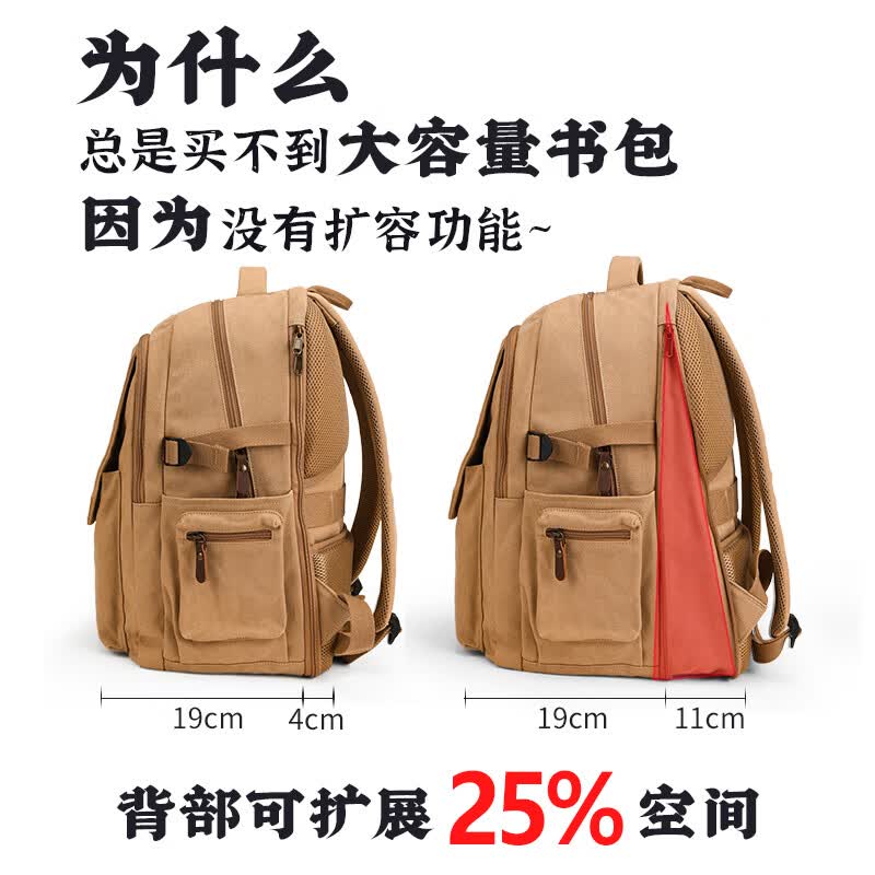 新潮代背包男帆布大容量旅行双肩包休闲初中大学生情侣书包潮简约电脑包 扩容版卡其色【多隔层+可扩容】