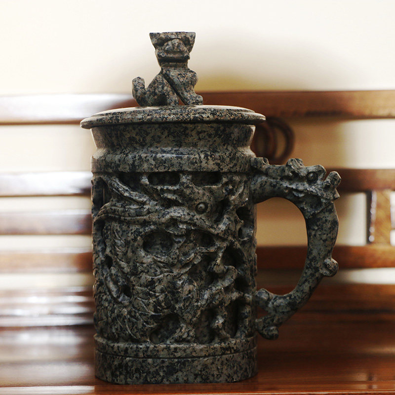 麦饭石水杯礼品复古茶杯带盖马克杯净水镂空龙杯子简约 镂空龙