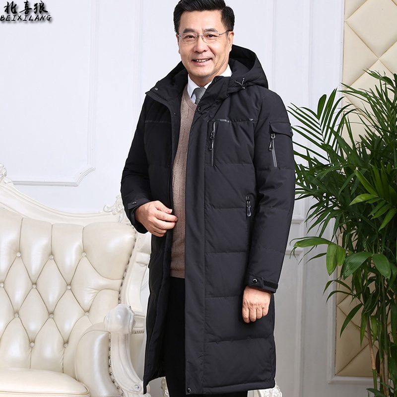 北喜狼冬装新款休闲羽绒服男中老年长款过膝加厚大码爷爷外套男爸爸装 BV866过膝黑色 165