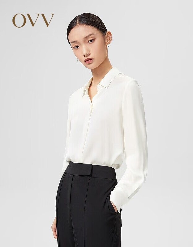 OVV【爱情而已同款】春夏女装22MM弹力双乔经典暗门襟衬衫 米白08 M