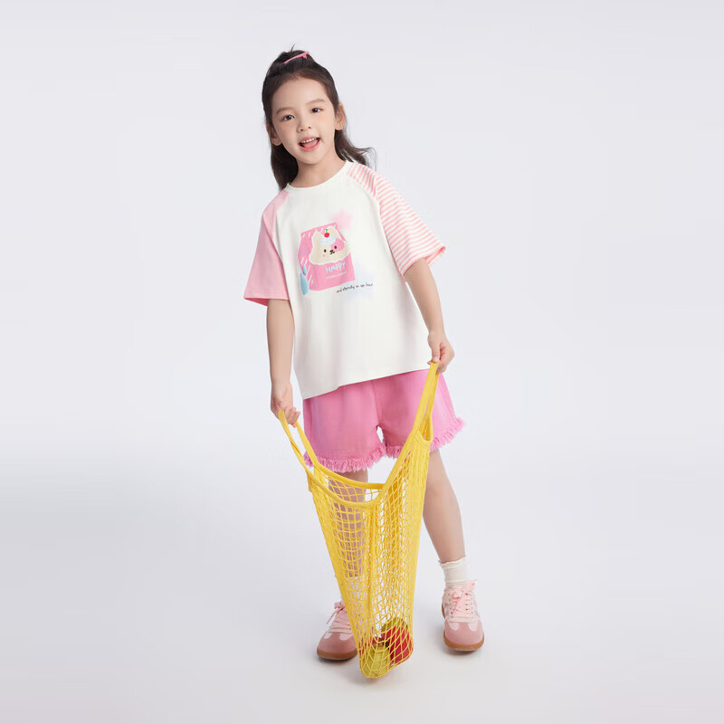 马骑顿（MQD）MQD女大童24夏新款甜美可爱插肩袖条纹兔子短袖T恤 本白 110cm