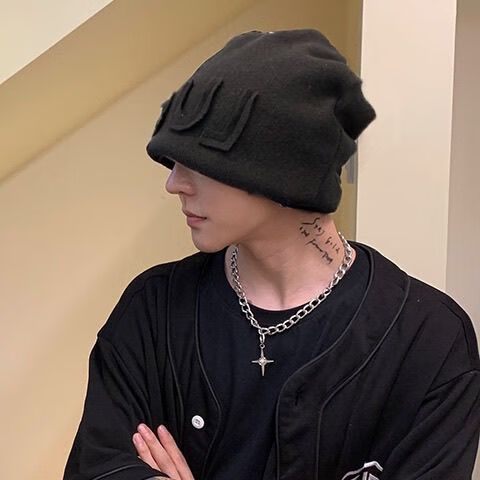 男luck原创字母堆堆帽男2021秋冬加绒针织帽毛线百搭冷帽女 lk-暗黑色