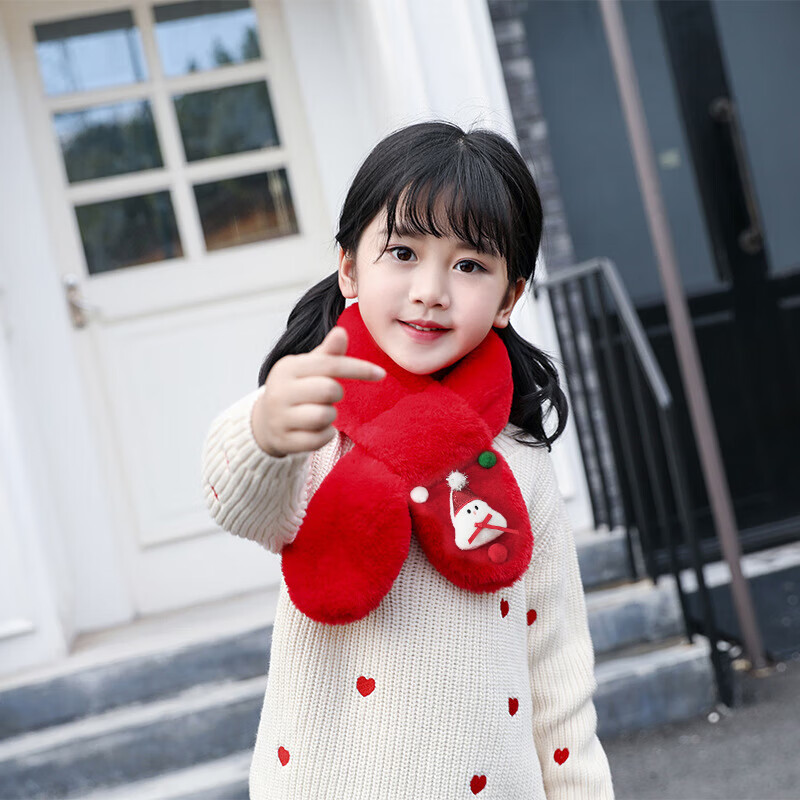 达芬奇密码  圣诞卡通儿童动物围脖礼物冬季仿獭兔毛绒百搭秋冬天围巾 圣诞系列 红色 70cm*10cm