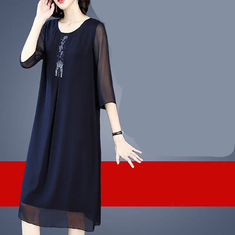 皮尔卡丹(pierre cardin)纱料连衣裙杭州重磅真丝品牌母亲夏香云纱蚕