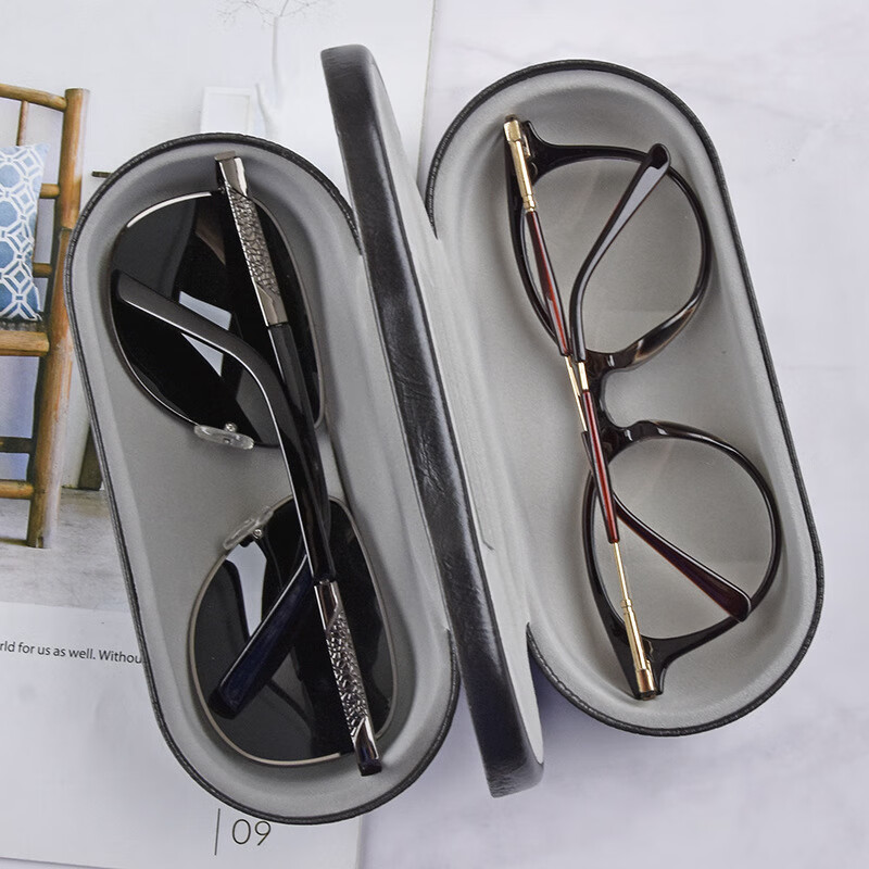 浅语拾光两副装金属皮质二合一眼镜收纳盒 框架眼镜盒 多功能收纳双层镜盒 中号有镜黑色双层盒