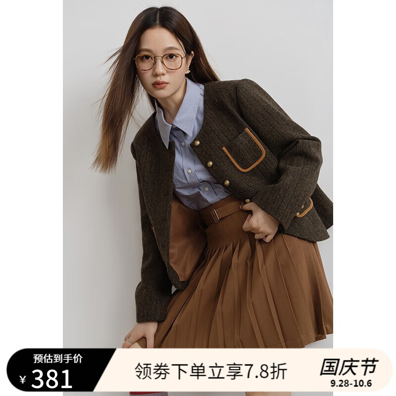 独束大码女装撞色圆领复古单面呢外套女冬装新款彩色人字呢羊毛外套 茶棕色 L怎么样,好用不?