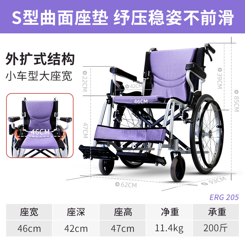 新款康扬轮椅erg-205折叠轻便老年残疾人偏瘫专用手推旅行代步车 erg