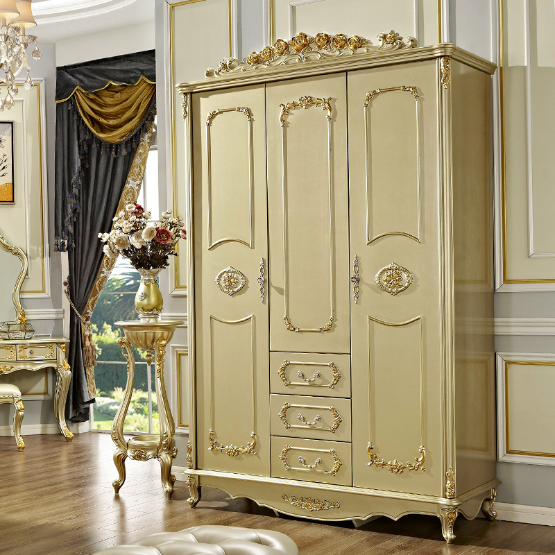 欧式衣柜 香槟金色大衣柜  家用卧室木质衣橱  卧室家具木质衣柜 三门