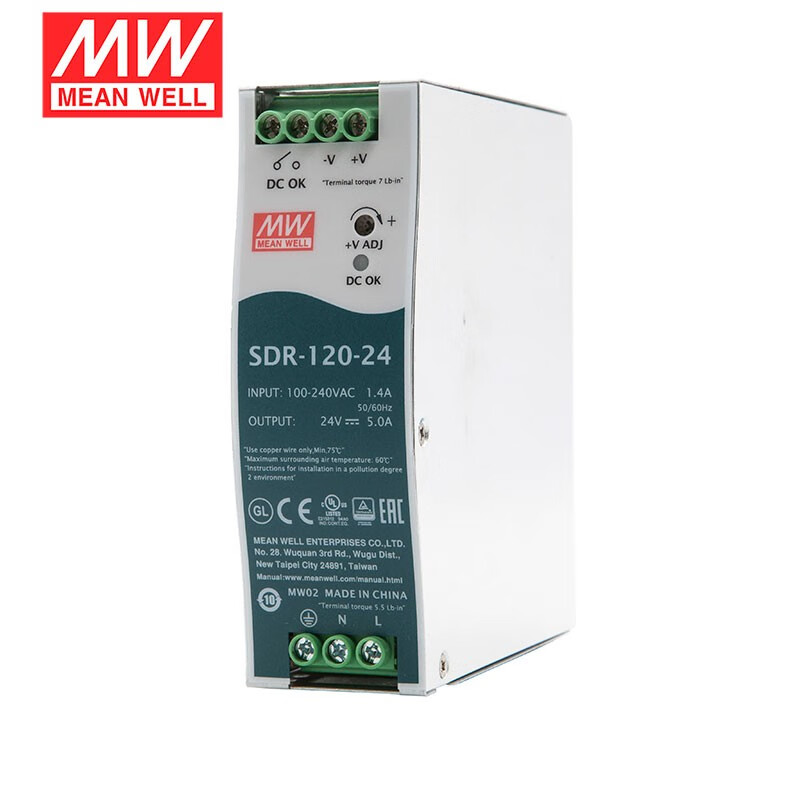 SDR系列120W台湾明纬导轨开关电源MW超薄MEAN WELL直流稳压可调金属壳工控高效带PFC SDR-120-24 |24V 5A