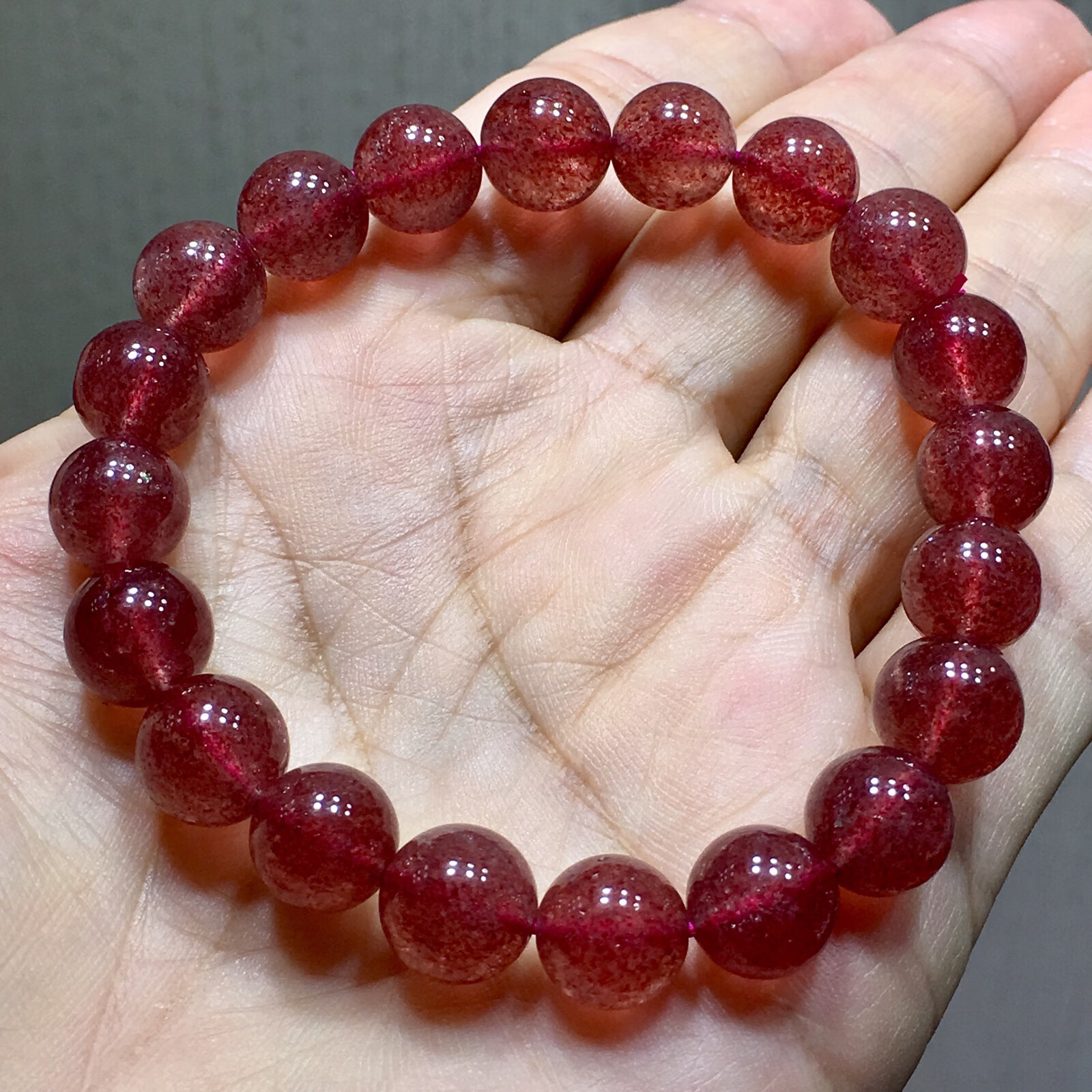瓶凡天然草莓晶水晶手链手串鸽血红色晶体好9.8毫米重约26克人缘