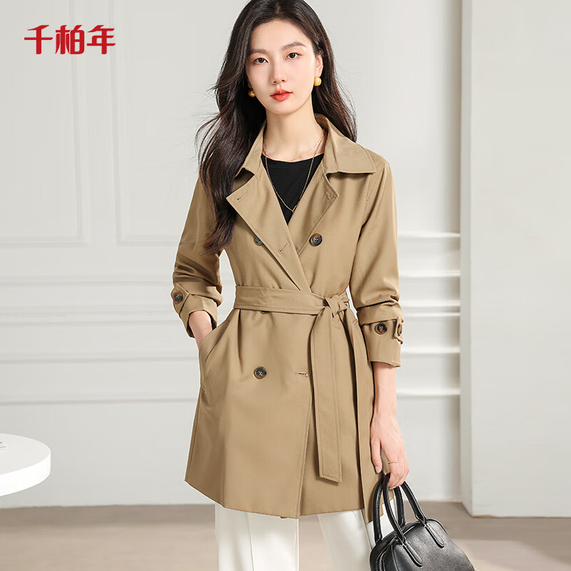 千柏年女春装新款中长款风衣韩版时尚西装领外套高级感英伦风系带上衣 卡其色 XL (125-135斤)