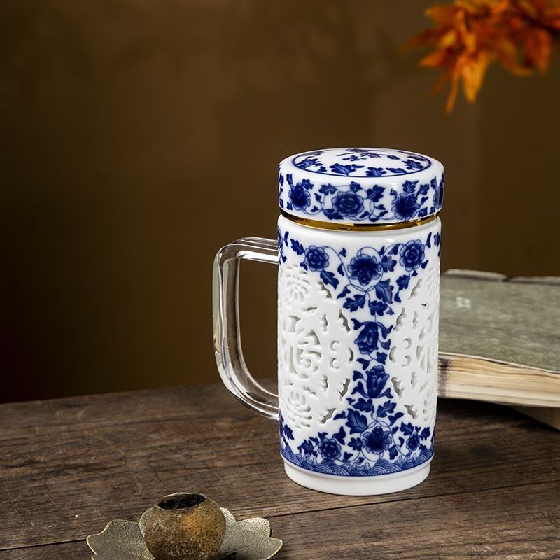 卡驰慕宁景德镇陶瓷保温杯全瓷家用带盖中国风大容量手柄镂空双层内胆