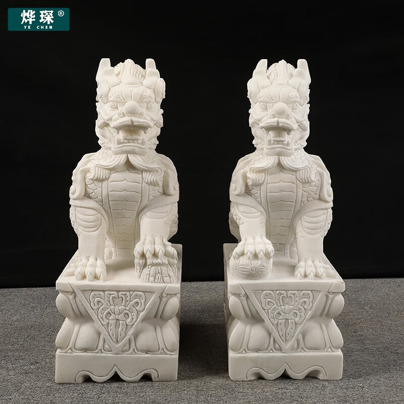 烨琛 石雕麒麟一对神兽门口招财摆件石头汉白玉青石家用晚霞红貔貅
