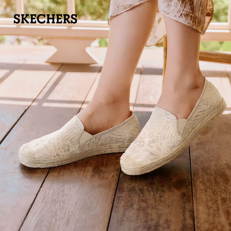 斯凯奇（Skechers）女鞋夏季渔夫鞋单鞋新中式蕾丝平底鞋浅口一脚蹬通勤鞋