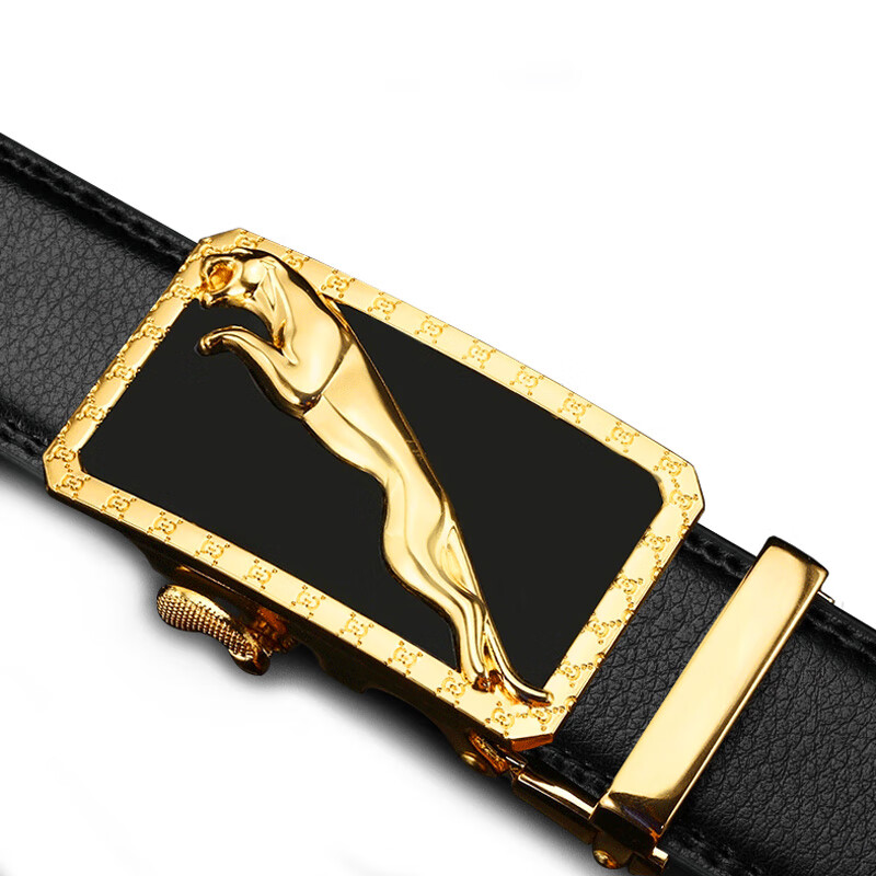 POACY男士皮带 豹子真牛皮腰带男 时尚商务情人节 情人节裤带男款 百搭 P803银色扣 120cm 【35-37裤码】