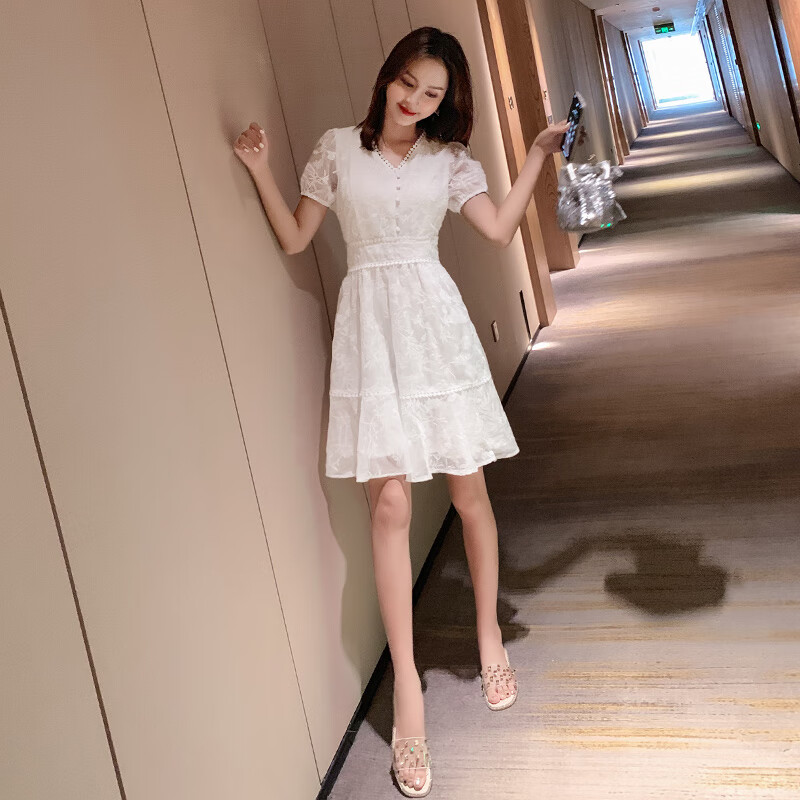 纤伊寻法国小众小个子女装连衣裙2021夏季新款蕾丝拼接白色裙子优雅镂空A字裙 白色 XL