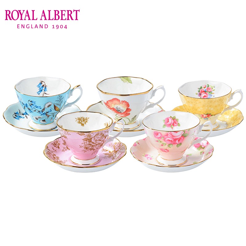 Royal Albert英国皇家阿尔伯特骨瓷餐具茶具英式下午茶咖啡杯镀金抹边杯碟礼盒装百年系列 1950-1990五件套
