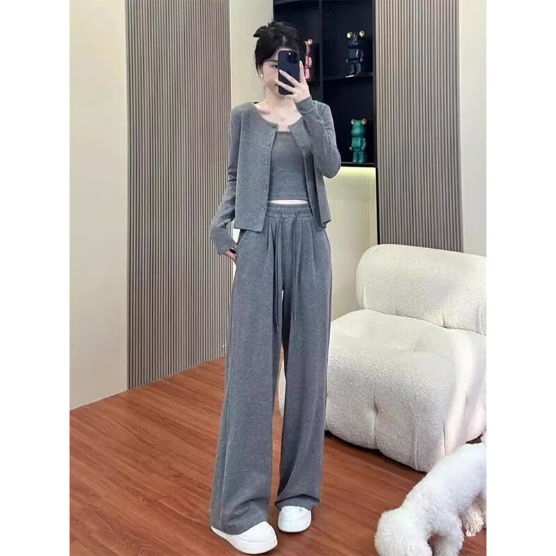 雪妃蓝琪卫衣女装春秋季2025新款小个子休闲运动宽松开衫阔腿裤三件套装 浅灰色三件套 M 【建议100-110斤】