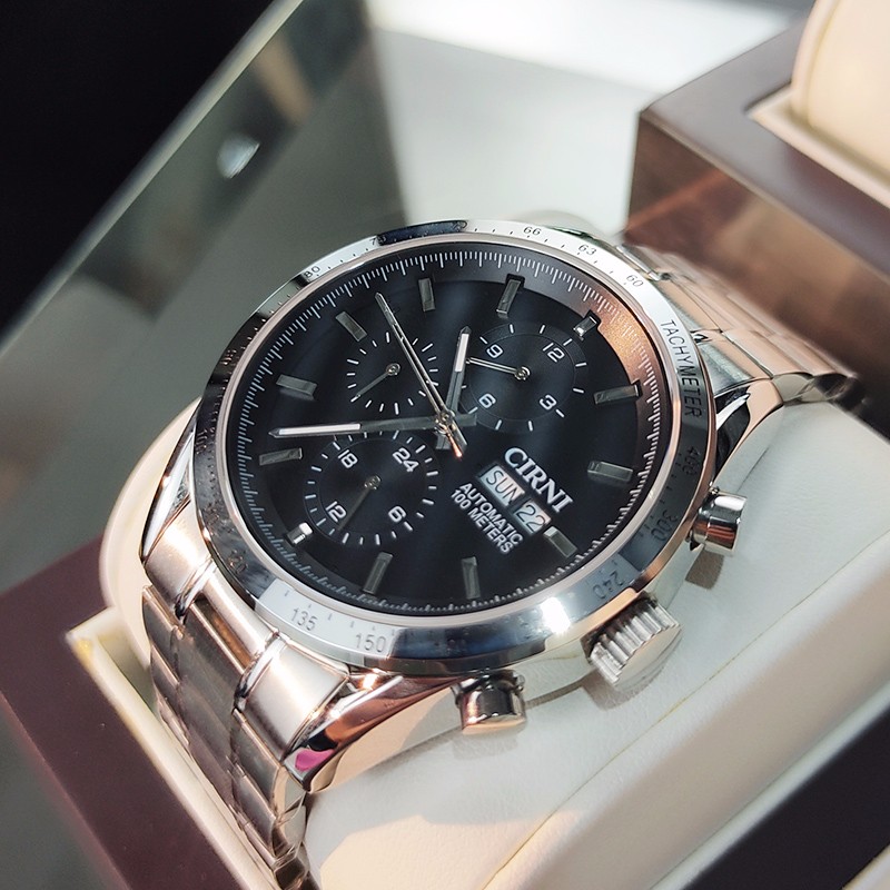 西亚尼(cirni)手表 男士手表钢带时尚全自动机械表夜光防水多功能运动