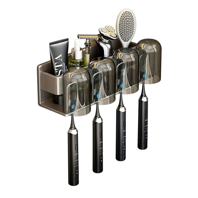 牙刷置物架免打孔牙刷杯套装卫生间牙膏漱口杯太空铝置物架浴室牙缸洗漱架用品牙刷架 太空铝枪灰色三口之家(三杯)