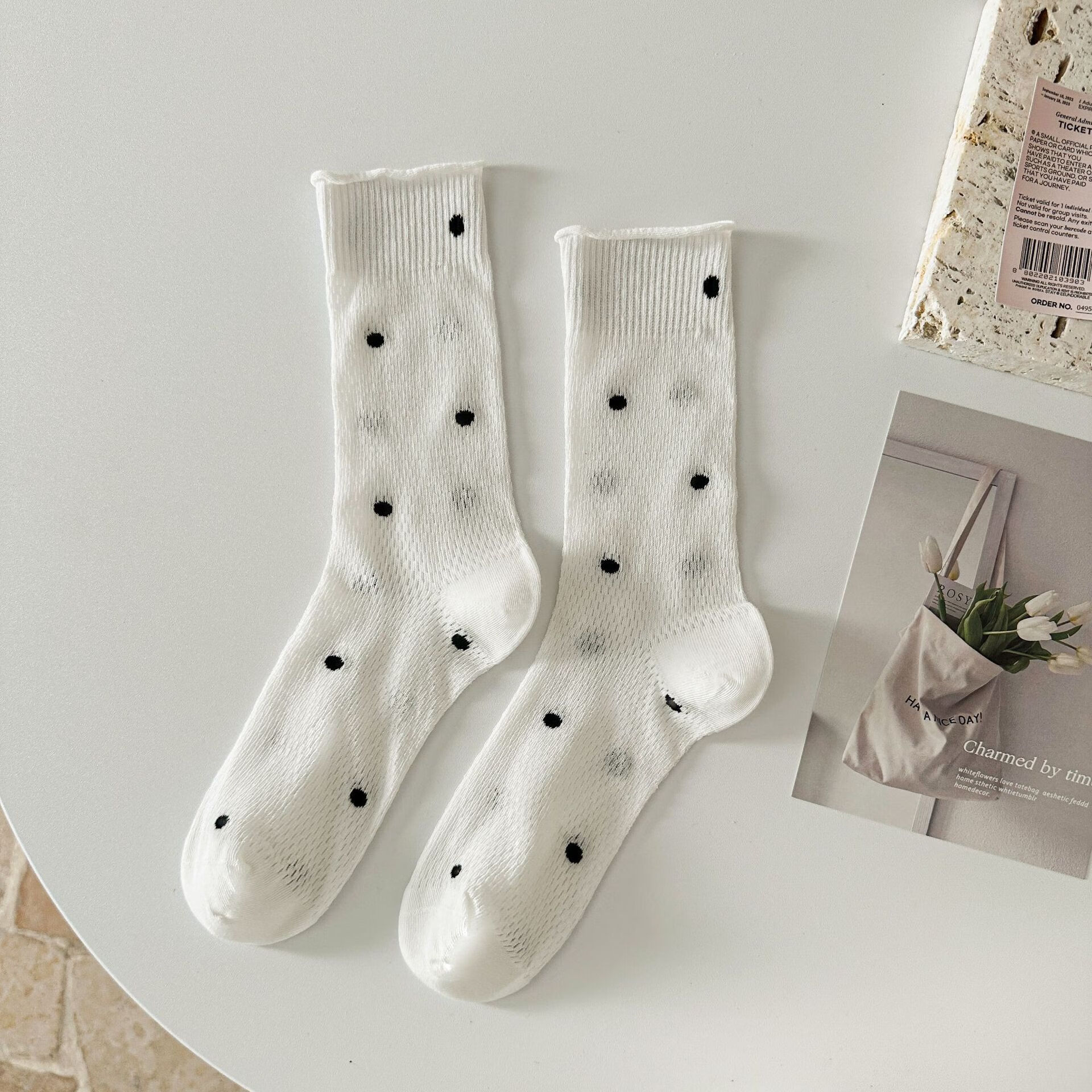 灰色堆堆袜子女夏季薄款中筒袜波点网眼透气卷边夏天芭蕾长袜 白色 1双 35-41码均可穿