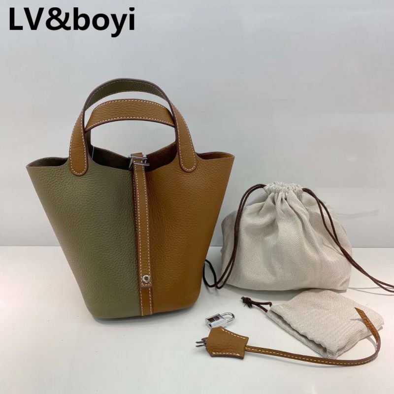 lv&boyi奢侈品品牌包包2022新款头层牛皮拼色菜篮子包荔枝纹女士手提