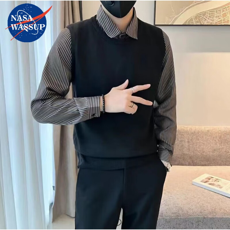 NASAWASSUP襯衫男秋季新款時(shí)尚拼接假倆件條紋毛衣潮流百搭毛背心針織衫 黑色 M