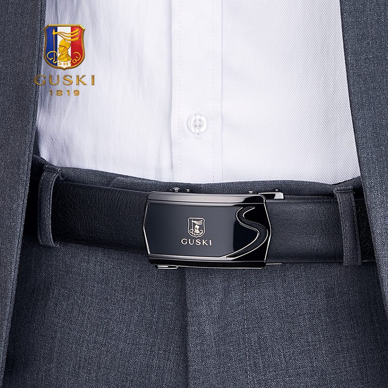 古士旗(GUSKI)法国品牌男士皮带男真皮自动扣腰带牛皮裤带生日情人节礼物送男友 【实木礼盒】680030A尊贵枪色/头层牛皮 115cm -130cm默认随机发(可修剪)