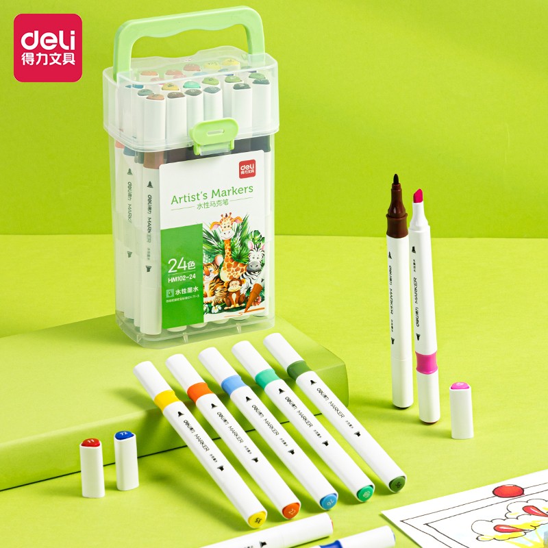 得力(deli)24色速干马克笔涂色套装水彩笔记号笔绘画手绘涂鸦笔画笔 HM102-24