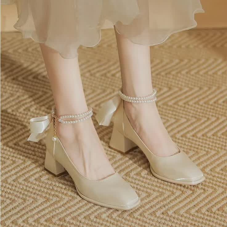 迪芙熙新娘鞋子法式粗跟单鞋女伴娘日常可穿中跟婚鞋新娘高跟鞋婚