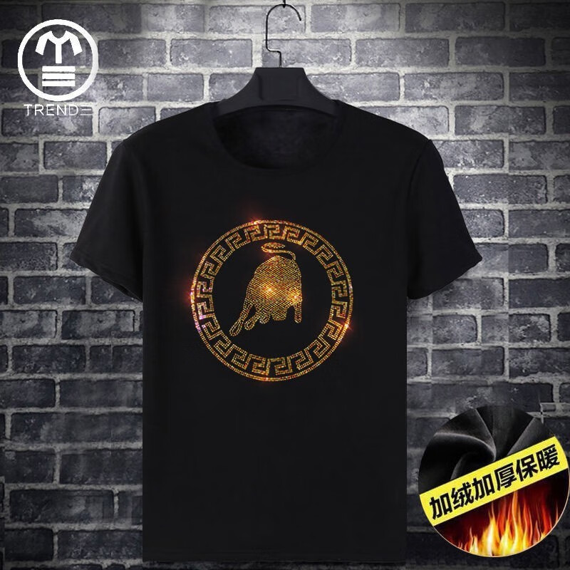 慕幕欧洲站牛年牛图案短袖男士加绒半袖t恤潮流烫钻保暖加厚大码男