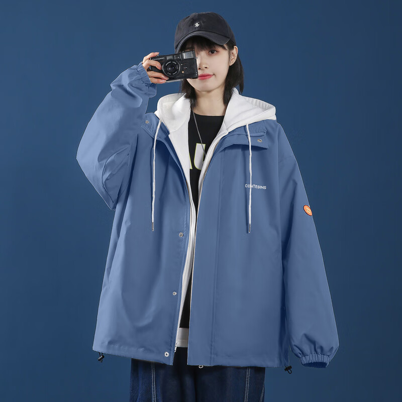 初中生青少女春秋衣服复古外套女运动学生百搭宽松春秋款女装工 蓝色
